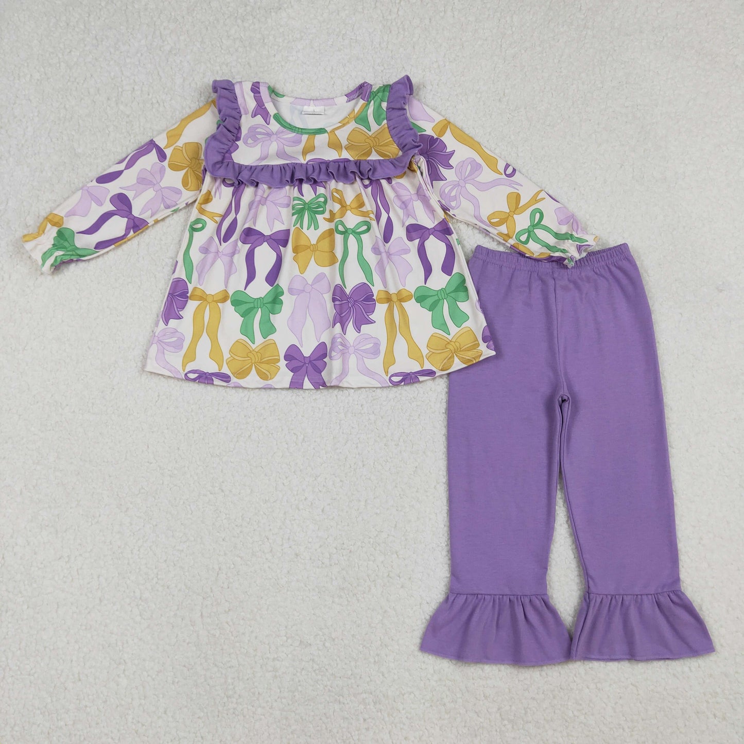 GLP2822 Mardi Gras green/yellow/purple bows long sleeve purple pants girls set