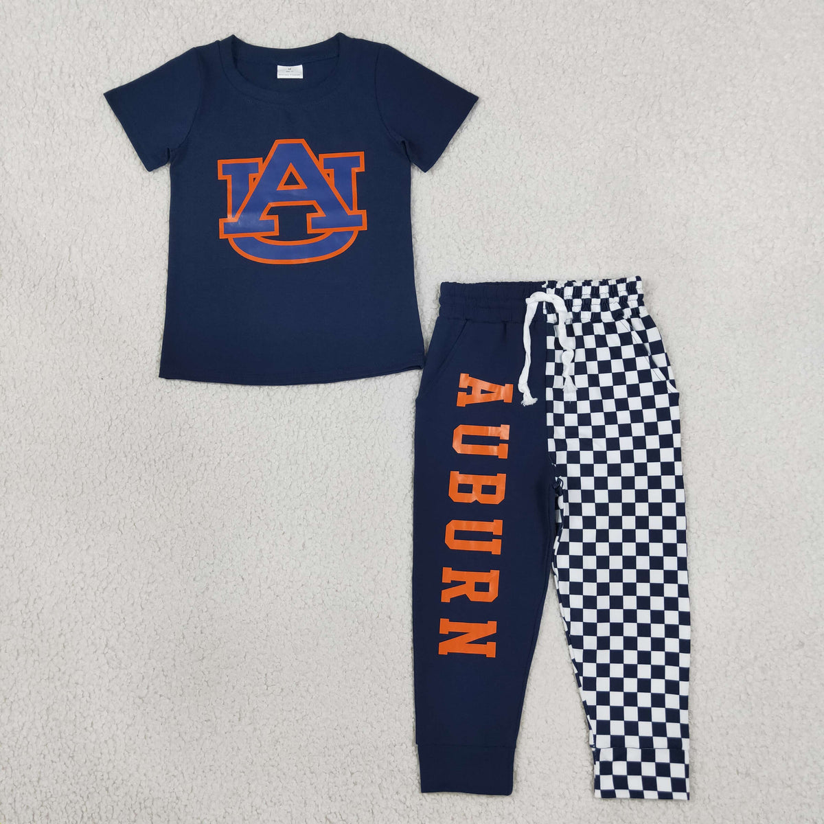 BSPO0694 Offset Printing AUBURN Navy Blue Short Sleeve Checkered Pants Boys Set