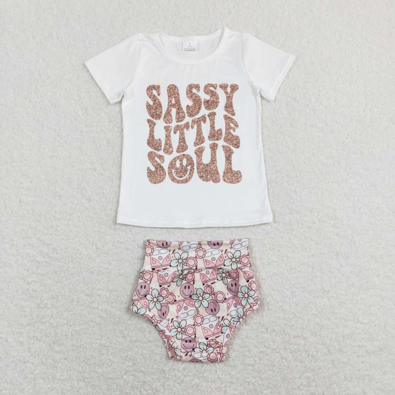 GBO0207 Sassy little soul smile short sleeve girls bummies set