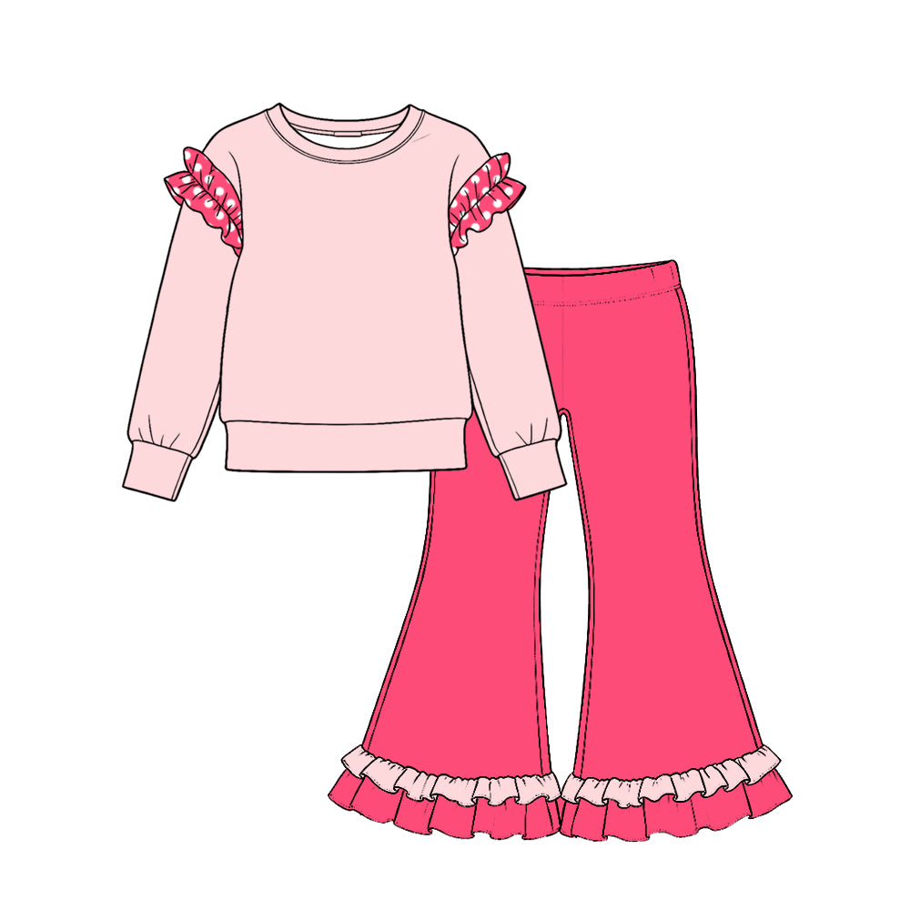 preorder GLP4043 Cotton Ruffles Pink Long Sleeve Hot Pink Pants Girls Set