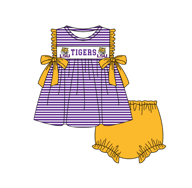 Custom Moq 3 Football Item Tiger Purple Bows Sleeveless Girls Bummies Set