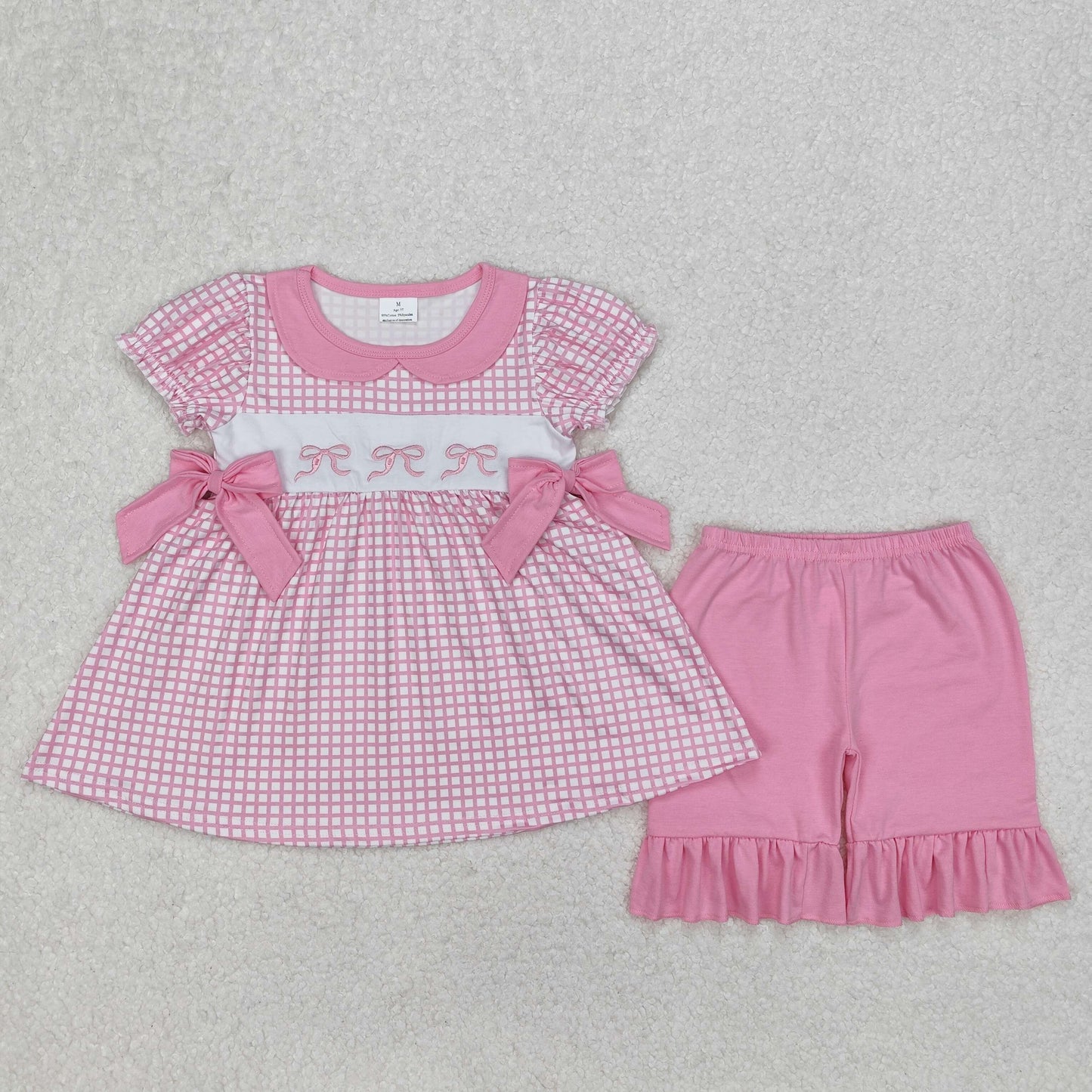 embroidery GSSO1879 hot pink bows checkered short sleeve shorts girls set