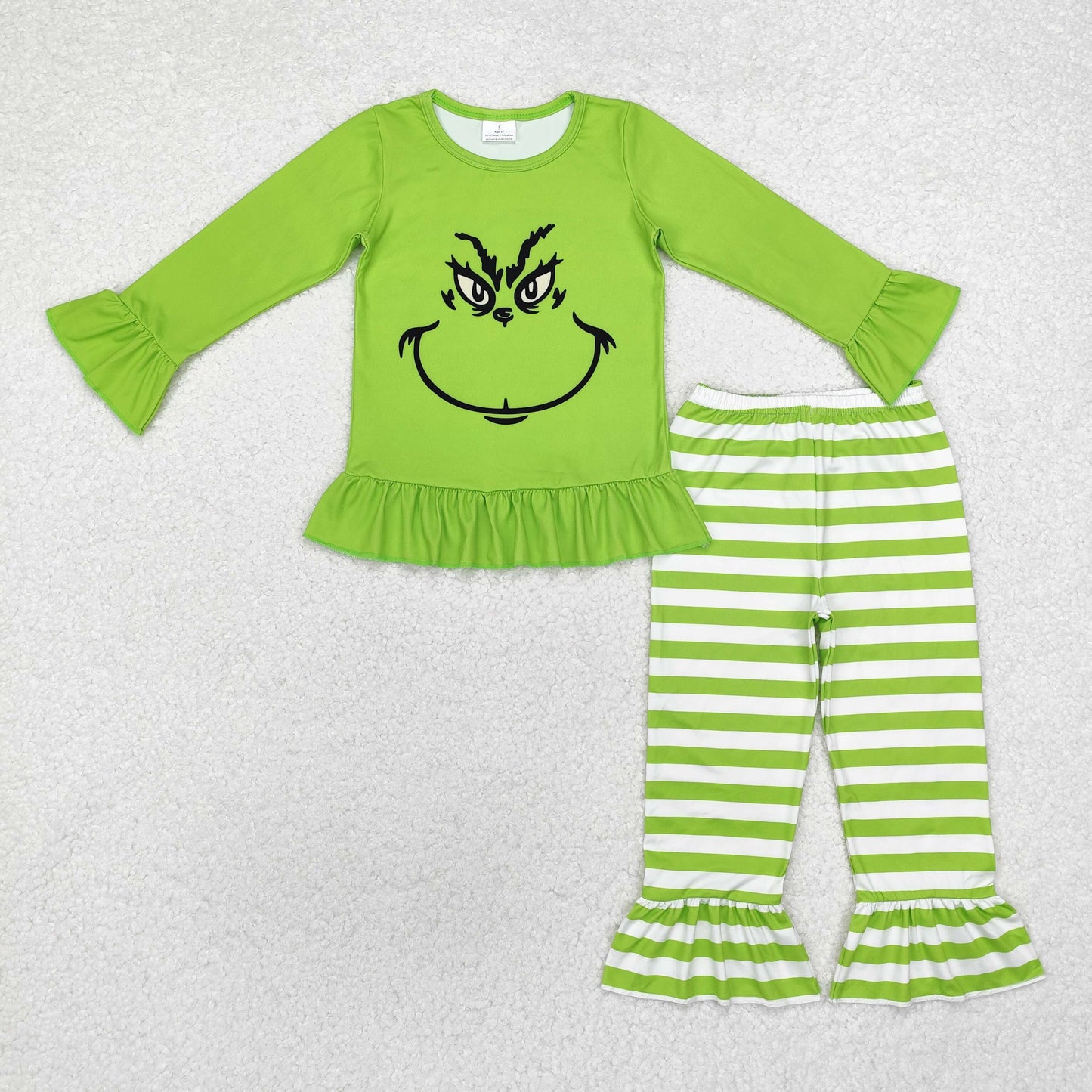 GLP1862 Christmas green face long sleeve green striped pants girls set