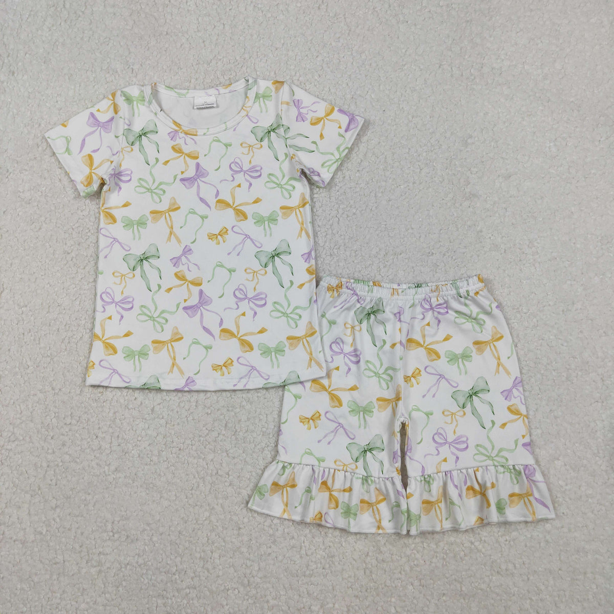 GSSO2717 Mardi Gras purple green yellow bows short sleeve shorts girls pajamas