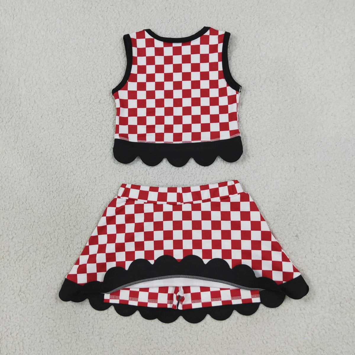 GSD4287 Yoga Scallop Team Red Checkered Sleeveless Bows Skorts Girls Set