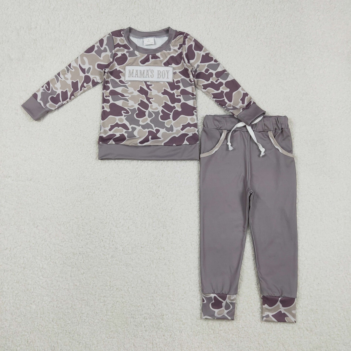 Embroidery BLP1333 mama's boy hunting camo long sleeve pants boys set