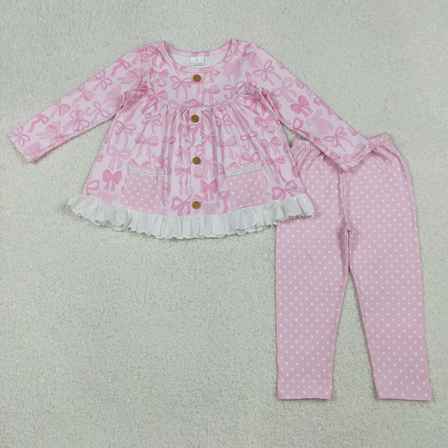 GLP2723 pink bows pockets long sleeve dot pants girls set