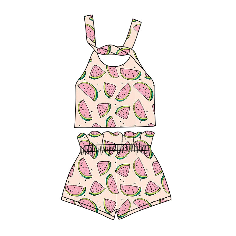 custom (moq 5)Baby Girls Watermelon Straps Top Shorts Clothes Sets