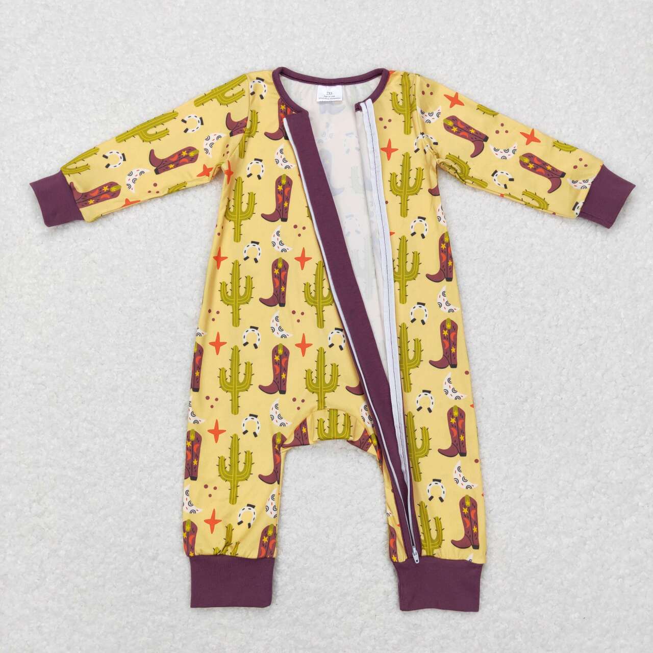 LR0766 Western cactus boot yellow long sleeve kids romper