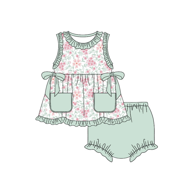 Custom Pink flowers green pockets sleeveless girls bummies set moq3
