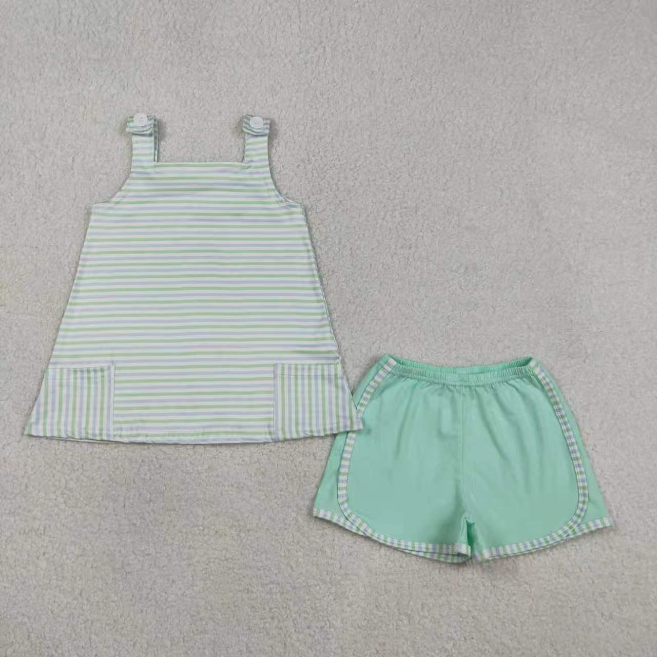 Green Striped Girls Set/Romper Sibling Clothes RTS