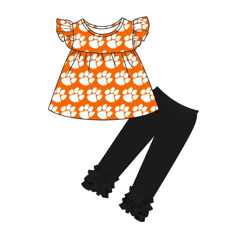 custom team set 4 Orange flutter sleeve black pants girls set