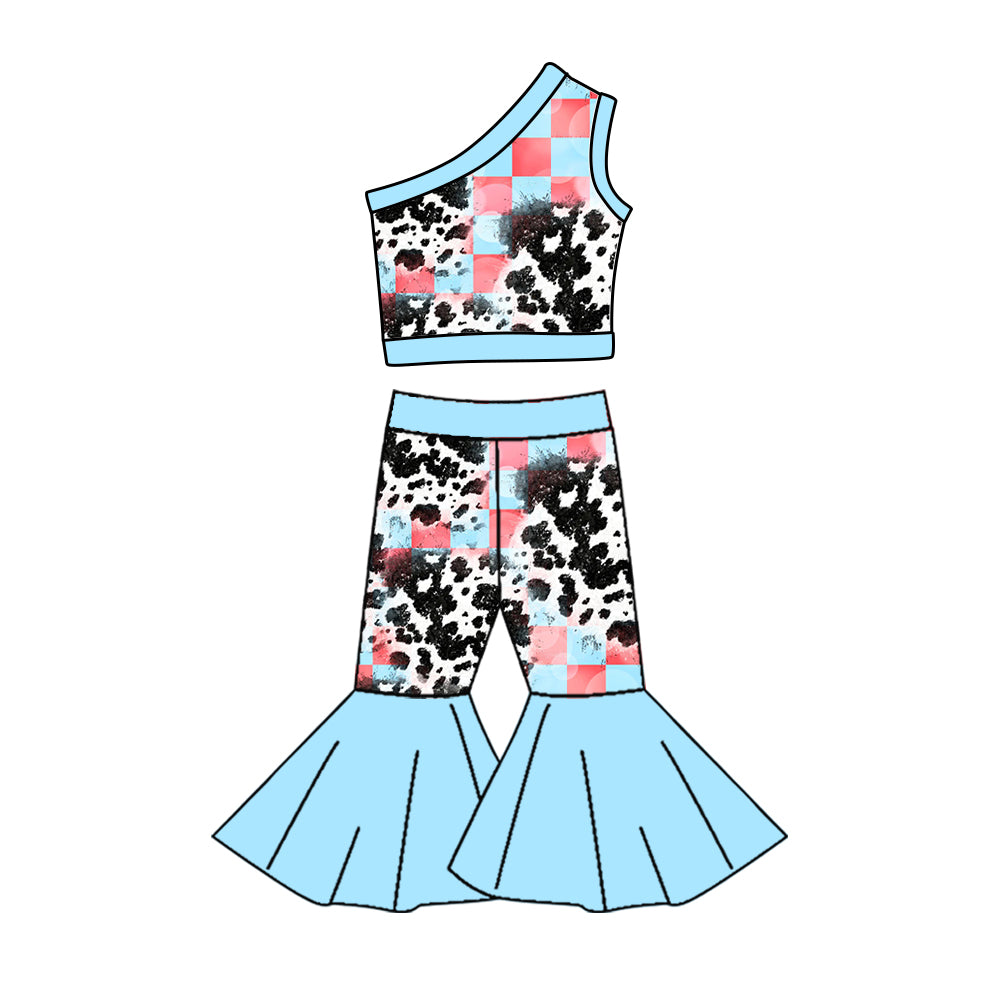 custom moq 3 Cow print pink checkered sleeveless pants girls set