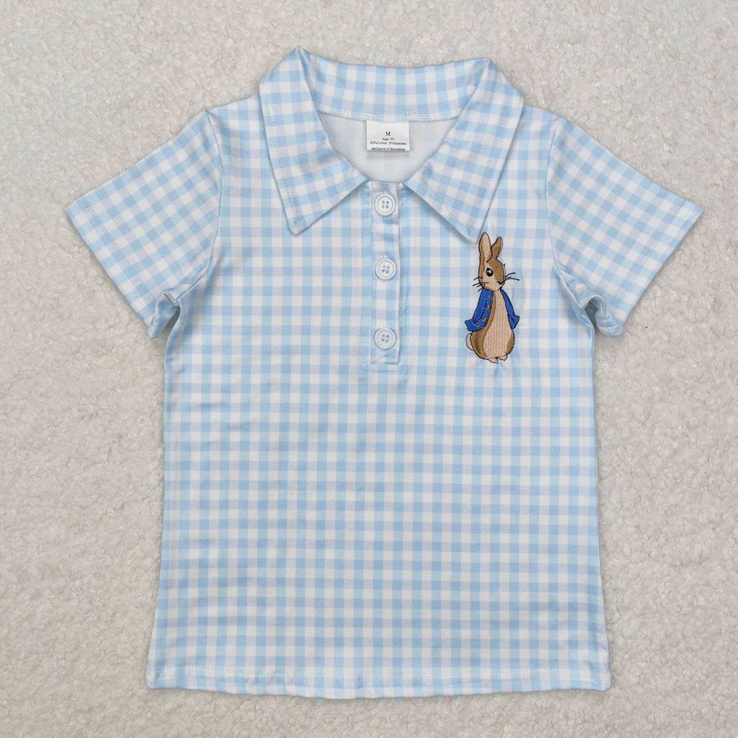 embroidery BT1095 Easter bunny rabbit blue checkered short sleeve boys top