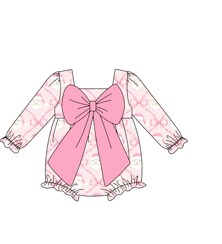 custom moq 5 Christmas Santa pink bows with big bow long sleeve girls romper