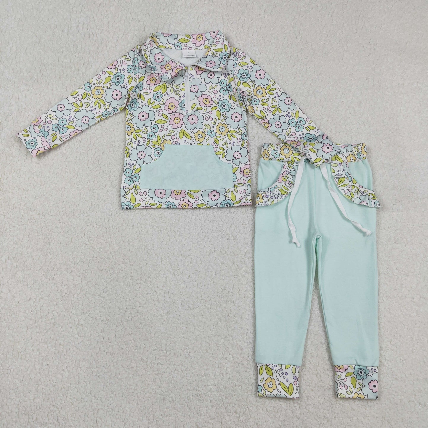 GLP3278 Flowers Floral Pocket Zipper Long Sleeve Mint Green Pants Girls Set