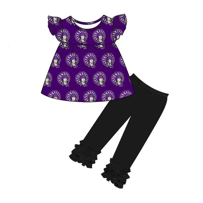 custom team set 5 Purple flutter sleeve black pants girls set