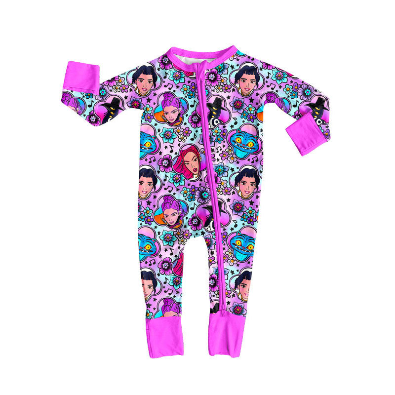 Custom moq 20 bamboo cartoon K witch cat flowers purple zipper long sleeve girls romper