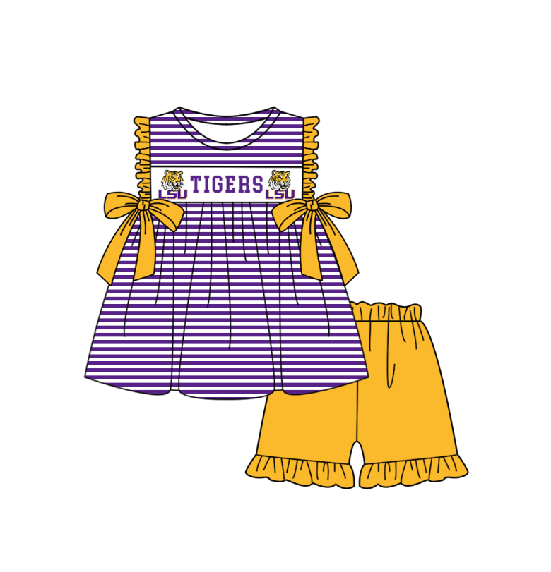 Custom Moq 3 Football Item Tiger Purple Bows Short Sleeve Girls Set