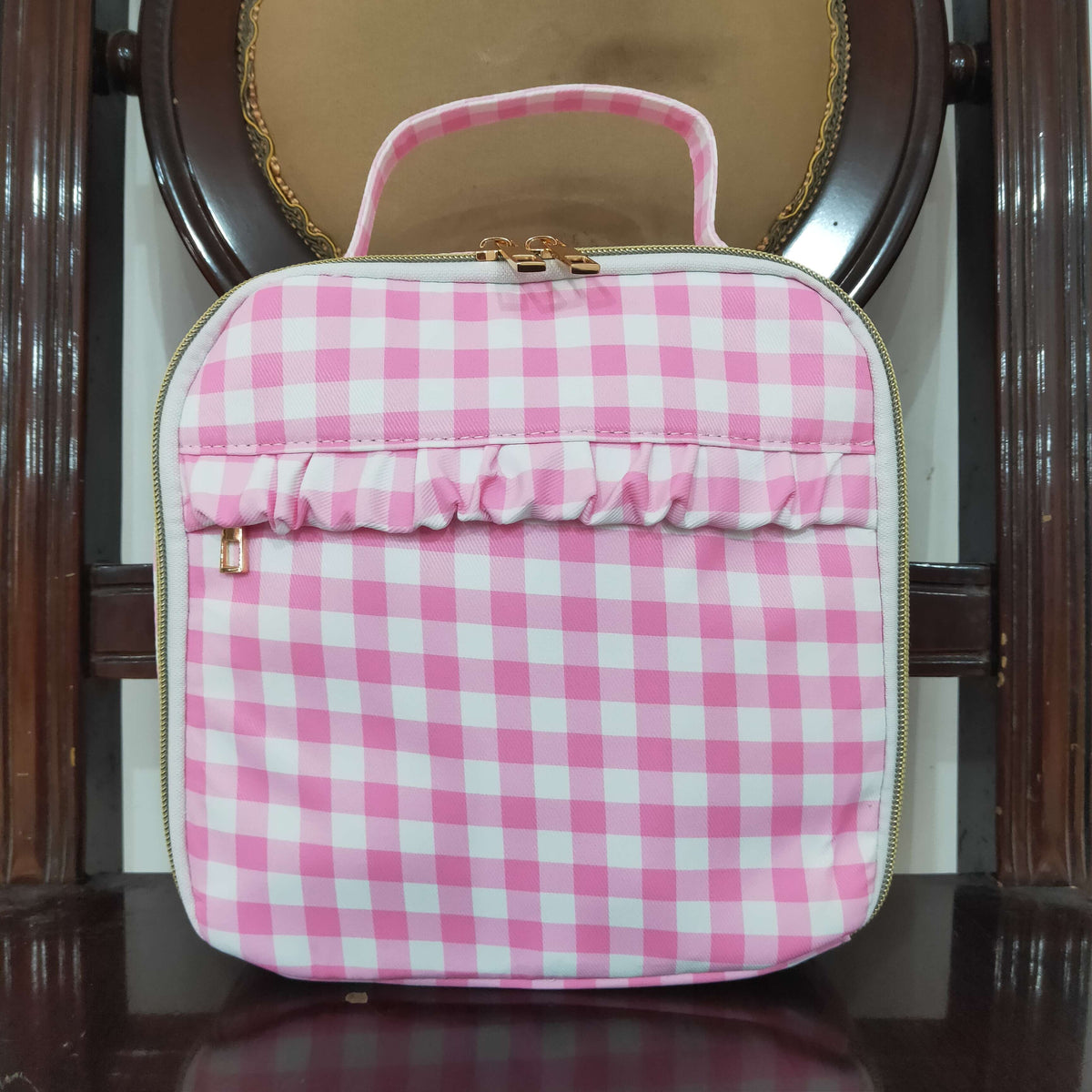 BA0283 Pink Checkered Kids Lunch Bag lunchbox 8.5*8.5*3.2 inches