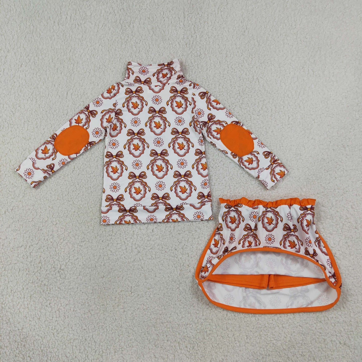 GLD1602 Autumn Bows Flowers Orange Zipper Long Sleeve Skorts Girls Set