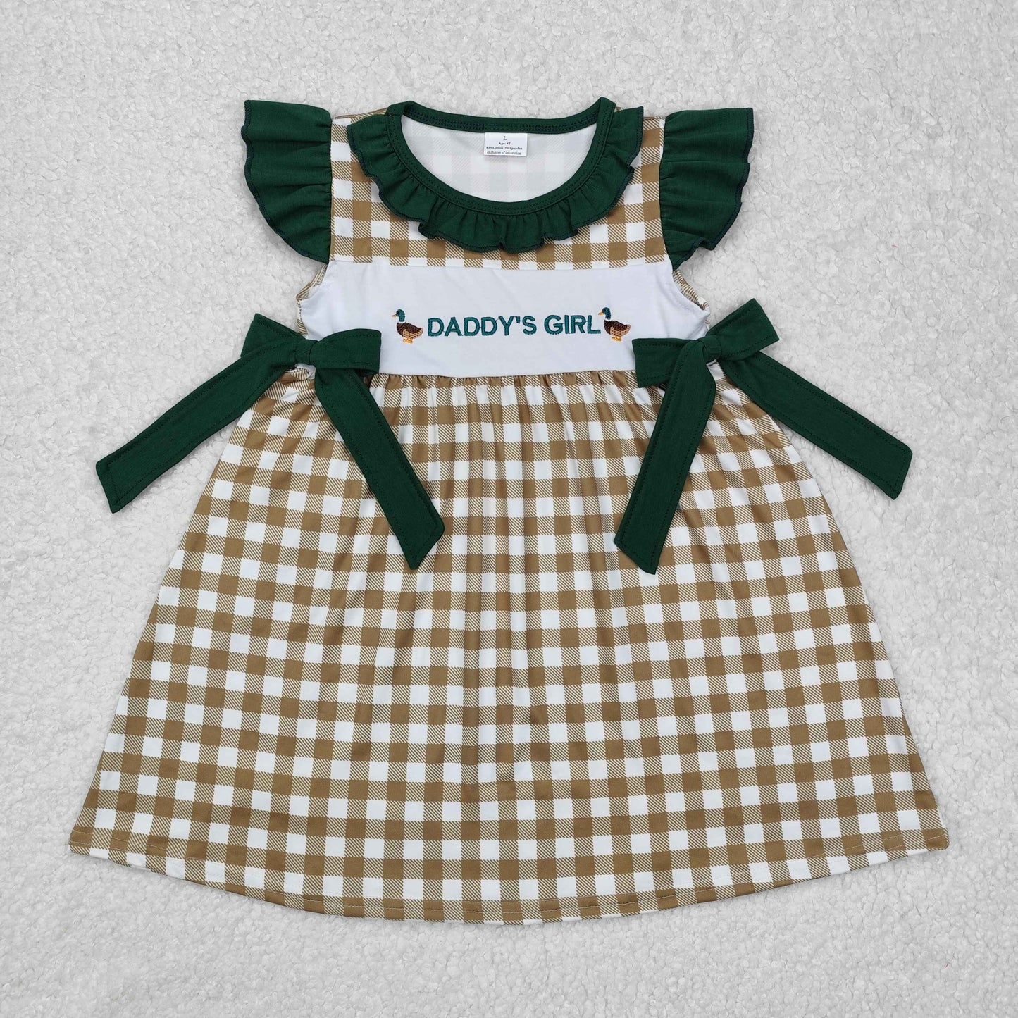 embroidery GSD1609 hunting daddy's girl mallard green checkered bows flutter sleeve girls dress