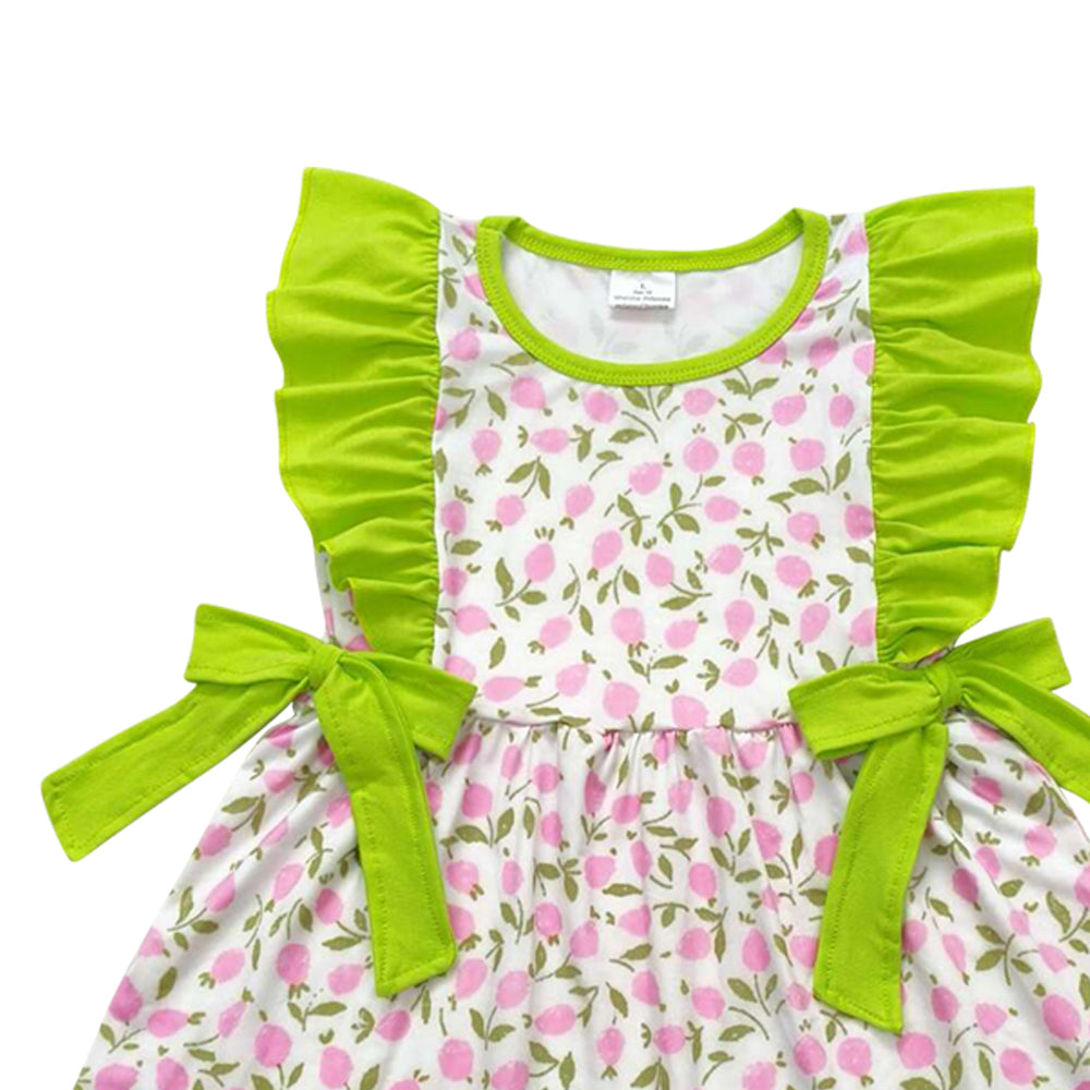 GSD1036 little beautiful pink flowers green ruffles flutter sleeve girls dress
