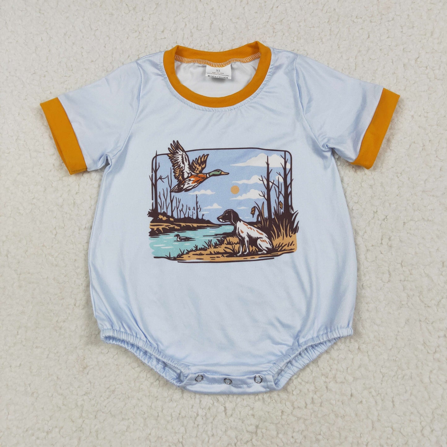 SR3093 hunting season dog mallard duck short sleeve blue boys romper