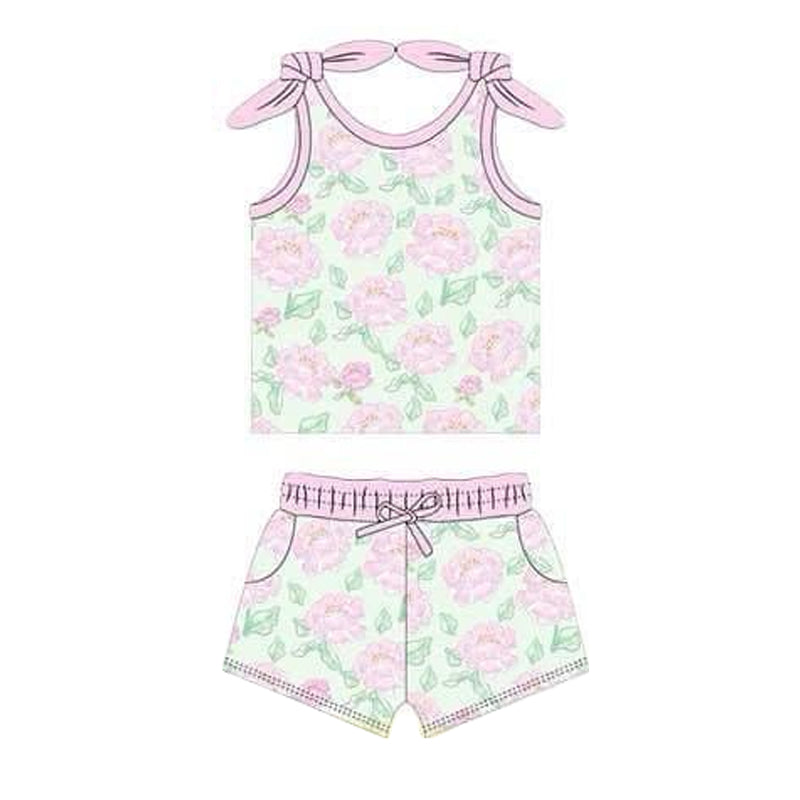 preorder pink flowers Summer sleeveless shorts girls set