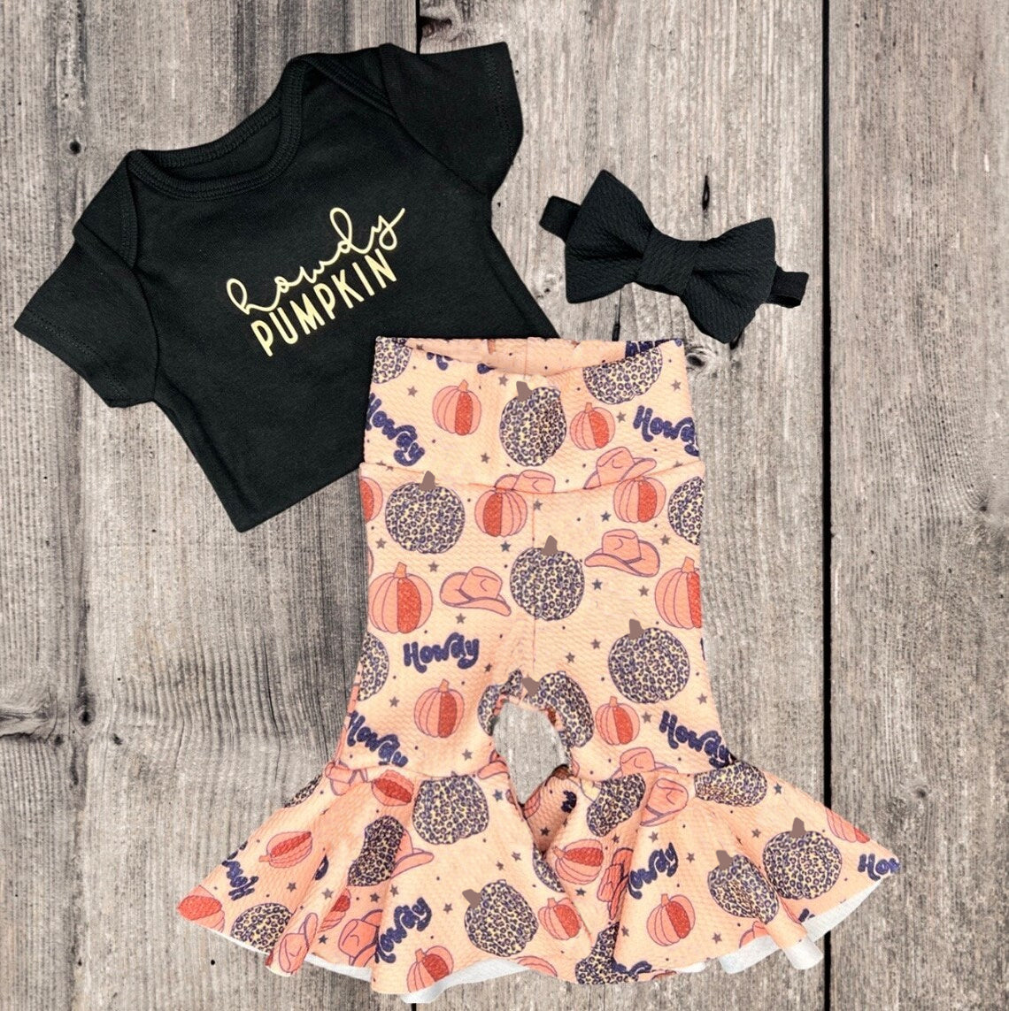 preorder GSPO1636 pumpkin black short sleeve Western boot pants girls set