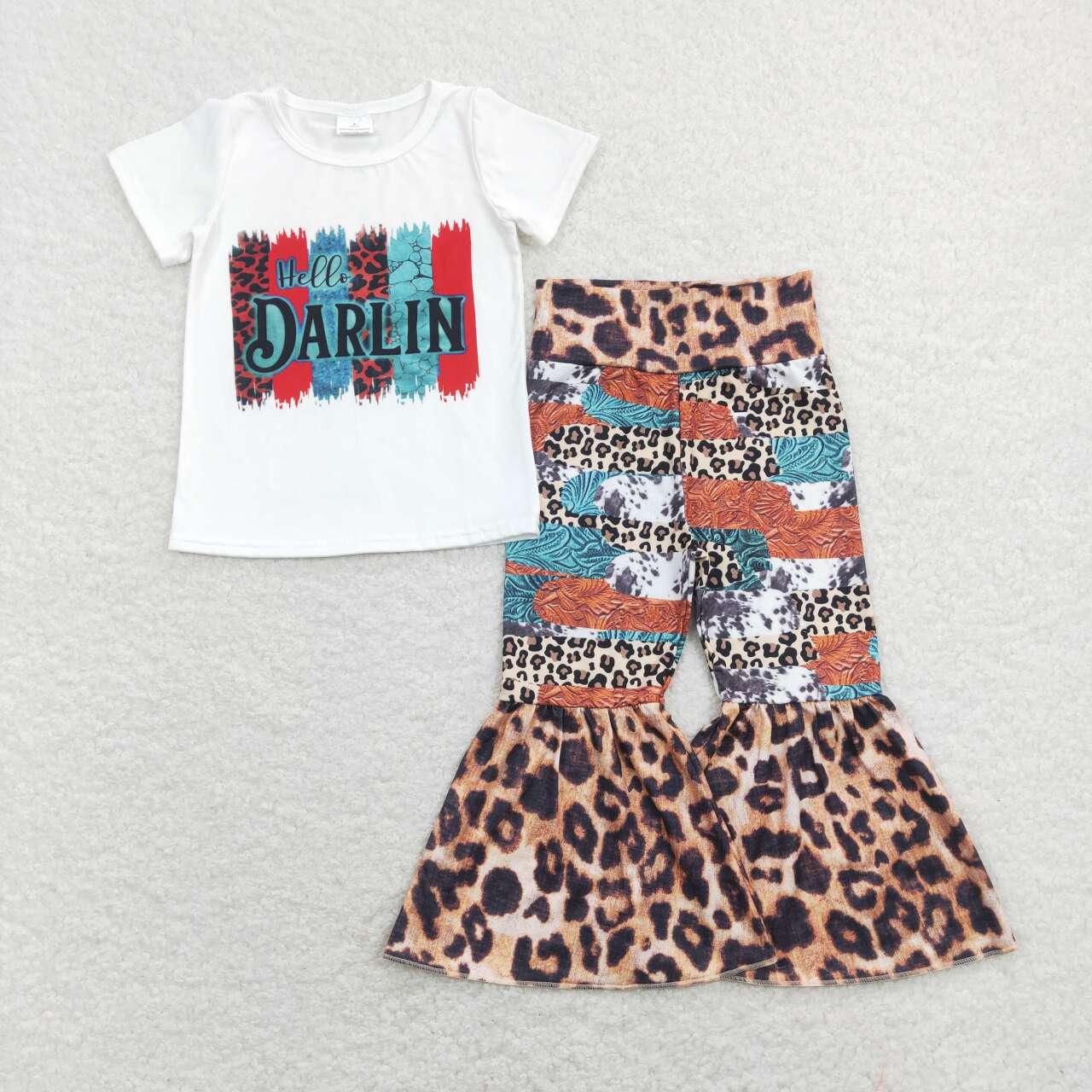 GSPO1160 Hello Darlin Short Sleeve Leopard Pants Girls Set