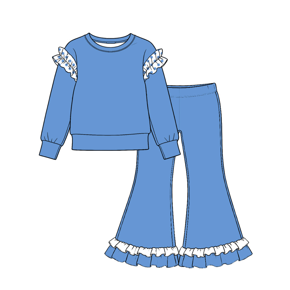 preorder Cotton Ruffles Blue Long Sleeve Blue Pants Girls Set