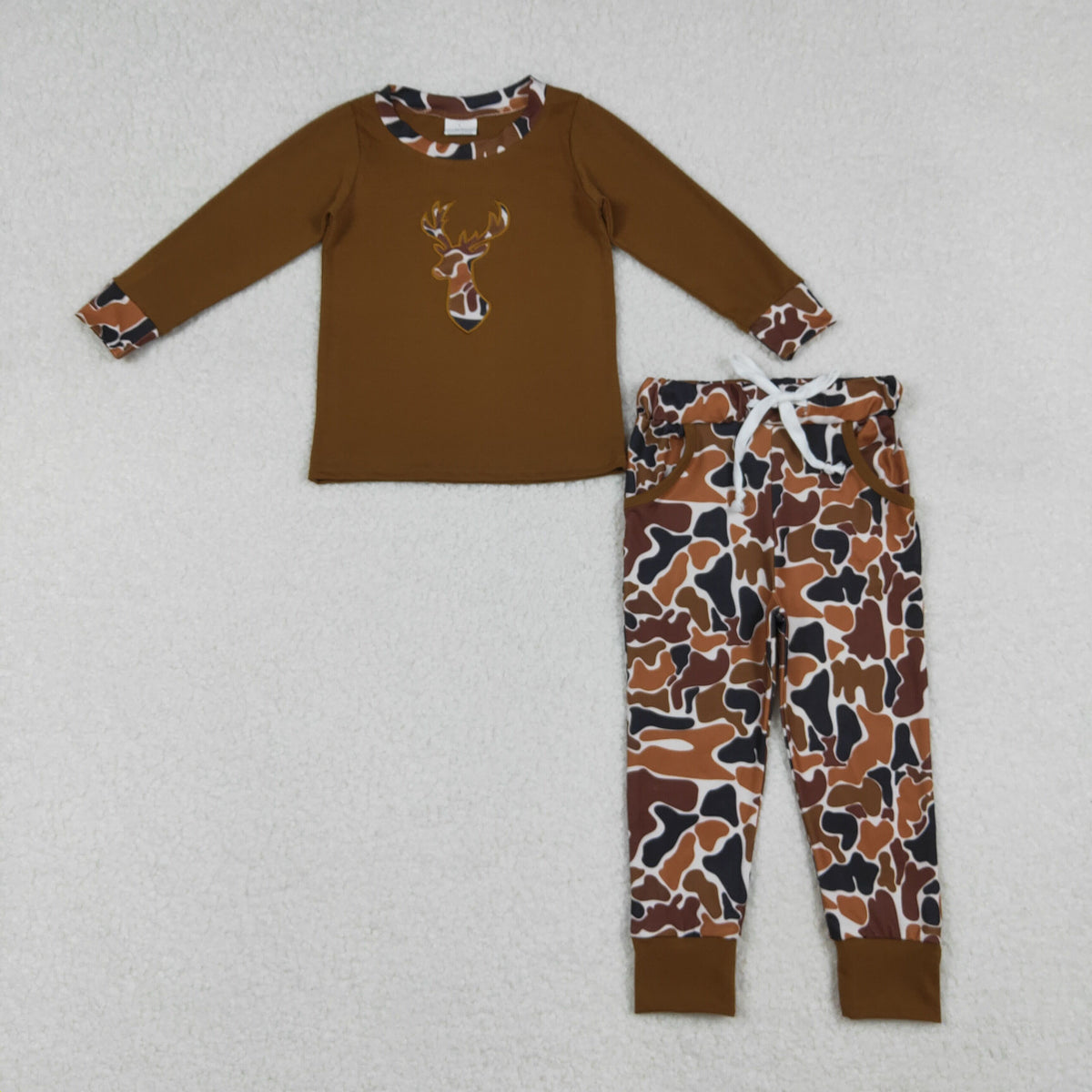 embroidery BLP1078 camo deer brown long sleeve camo pants boys set