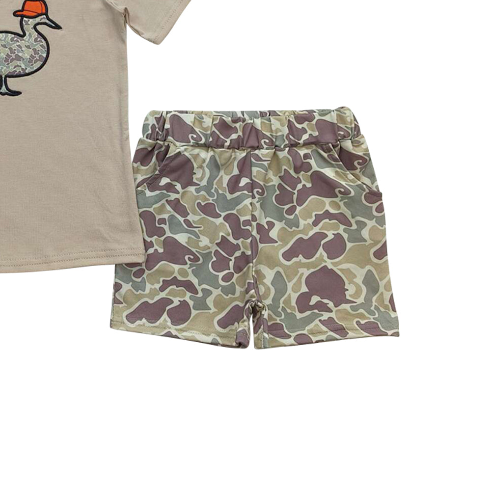 BSSO0781 embroidery camo mallard duck short sleeve green camo shorts boys set