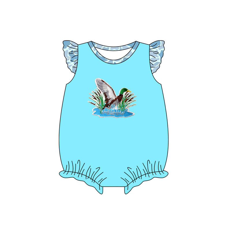 MOQ 3 Custom Hunting Mallard Duck Sky Blue Flutter Sleeve Girls Romper