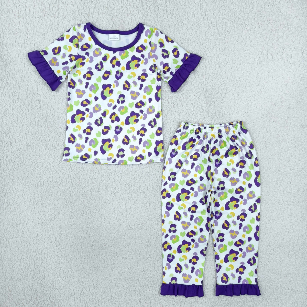 GSPO2388 Mardi Gras Leopard Purple Short Sleeve Pants Girls Set