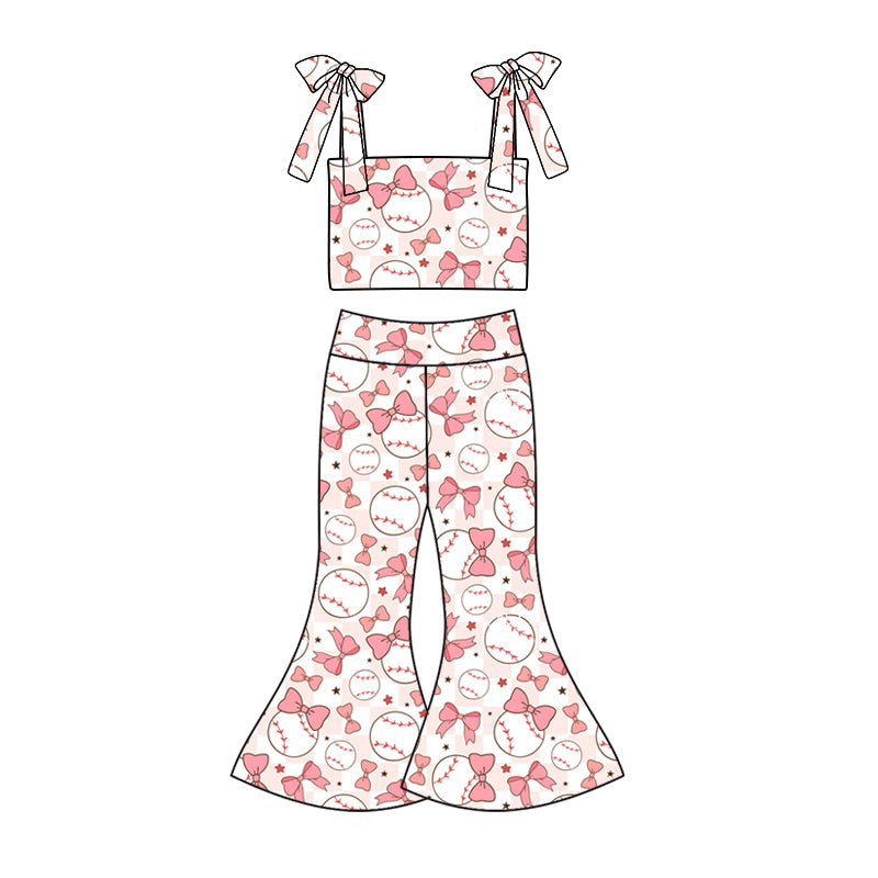 custom (moq 5)Baby Girls Baseball Pink Bows Straps Top Bell Pants Clothes Sets
