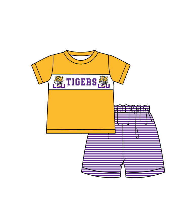 Custom Moq 3 Football Item Tiger Yellow Purple Short Sleeve Shorts Boys Set