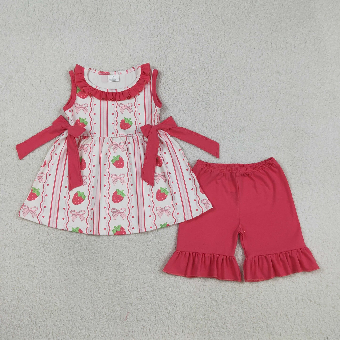 GSSO3276 Strawberry Bows Pink Sleeveless Pink Shorts GIrls Set