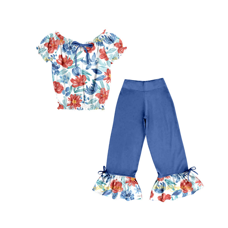 Custom Red flowers short sleeve navy blue pants girls set moq 3