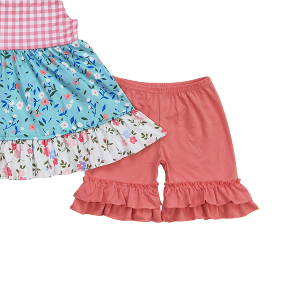 GSSO0837 flowers green lace-up red shorts girls trendy set