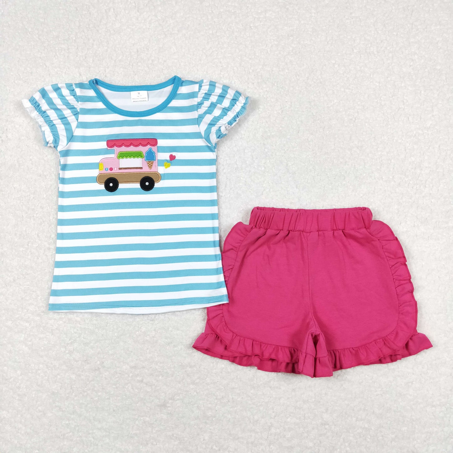 GSSO0580 embroidery Ice Bus Blue Striped Short Sleeve Hot Pink Shorts Girls Set