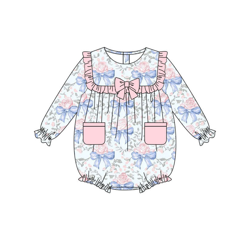 custom moq 5 blue bows flowers pockets pink long sleeve girls romper