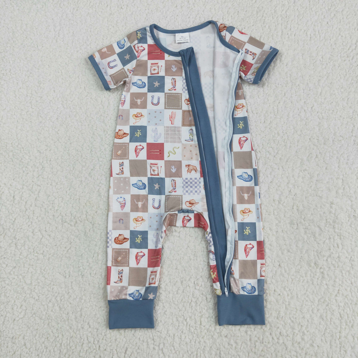 SR3098 Western hat cactus boot hat checkered blue short sleeve zipper boys romper