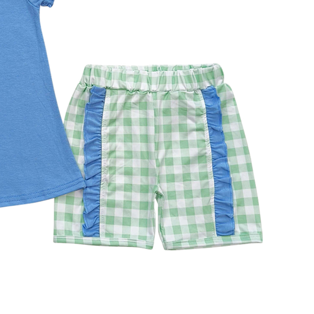 GSSO0850 embroidery crocodile blue short sleeve green checkered shorts girls set