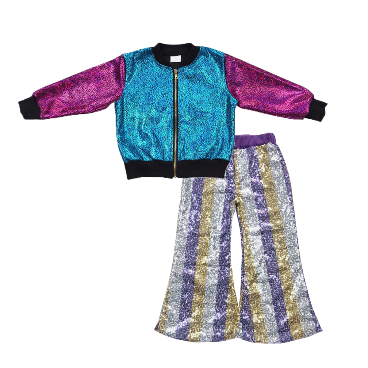 golden hot pink long sleeve zipper kids disco coat purple gold sequin pants girls set