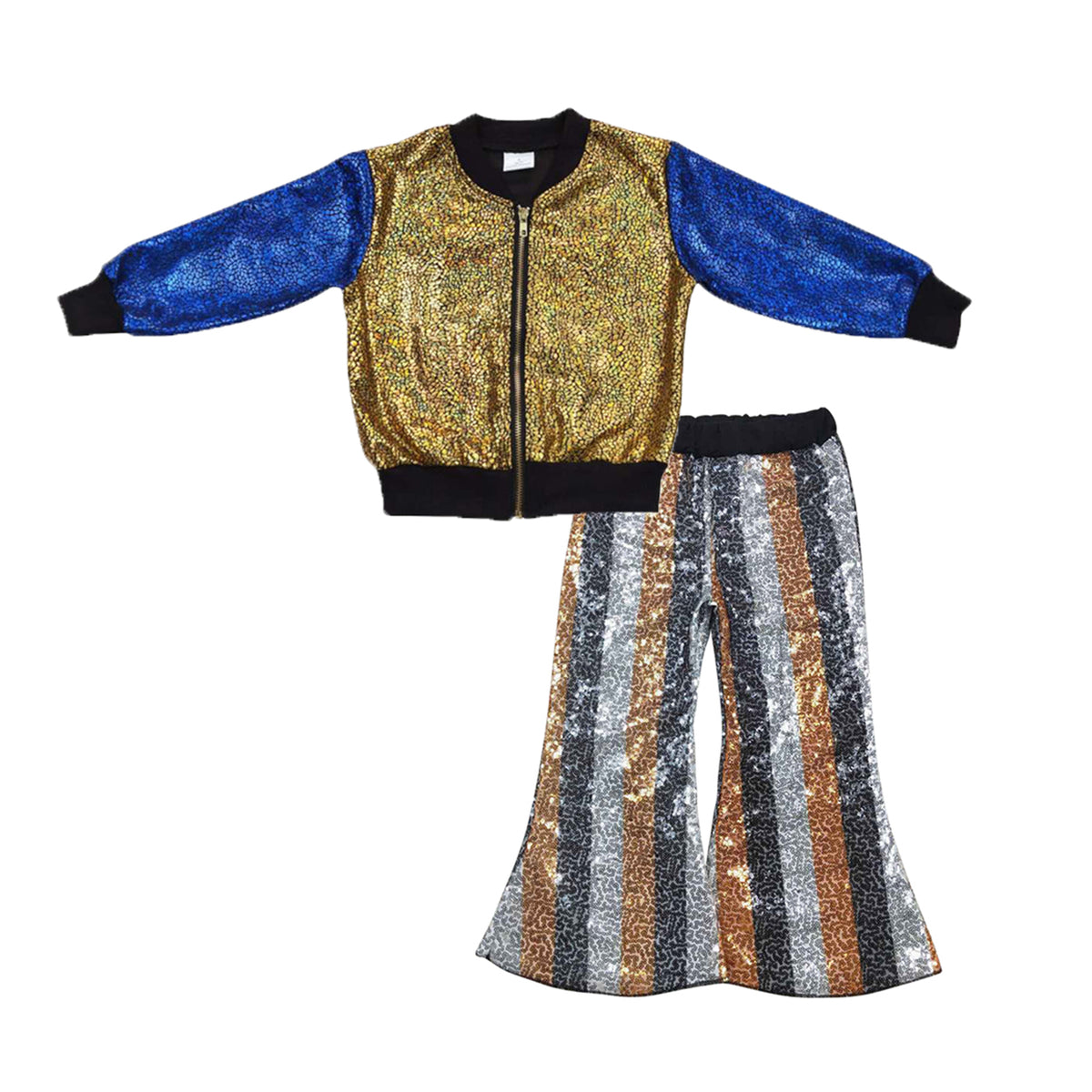 golden blue long sleeve zipper kids disco coat black gold sequin pants girls set