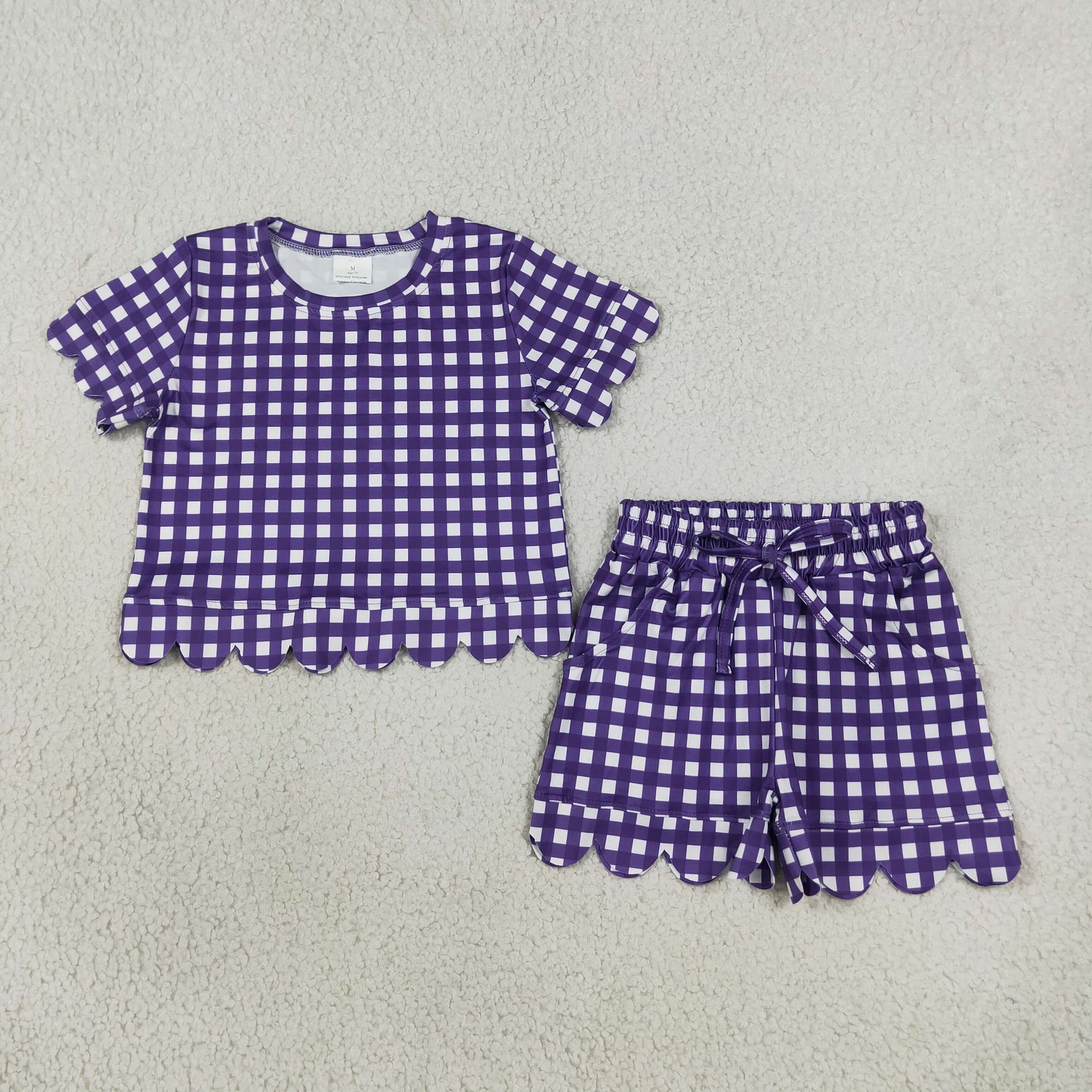 GSSO3841 Scallop Purple Checkered Short Sleeve Shorts Girls Set
