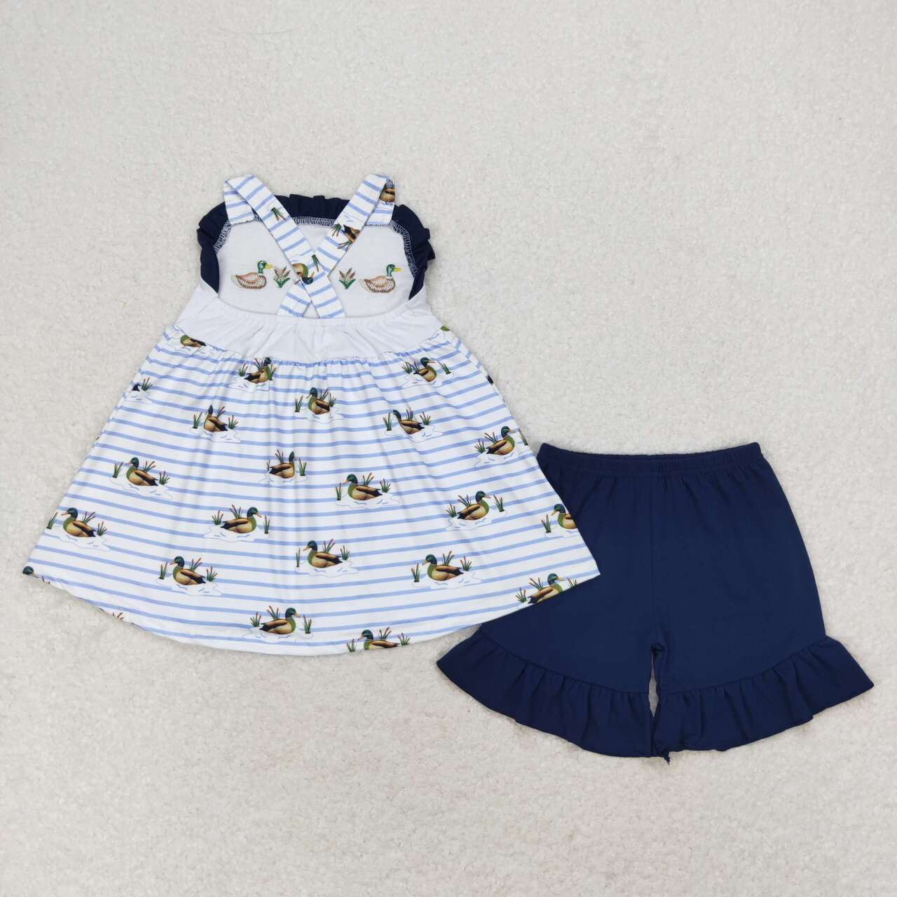 GSSO1189 embroidery mallard duck sleeveless dark navy shorts girls shorts set