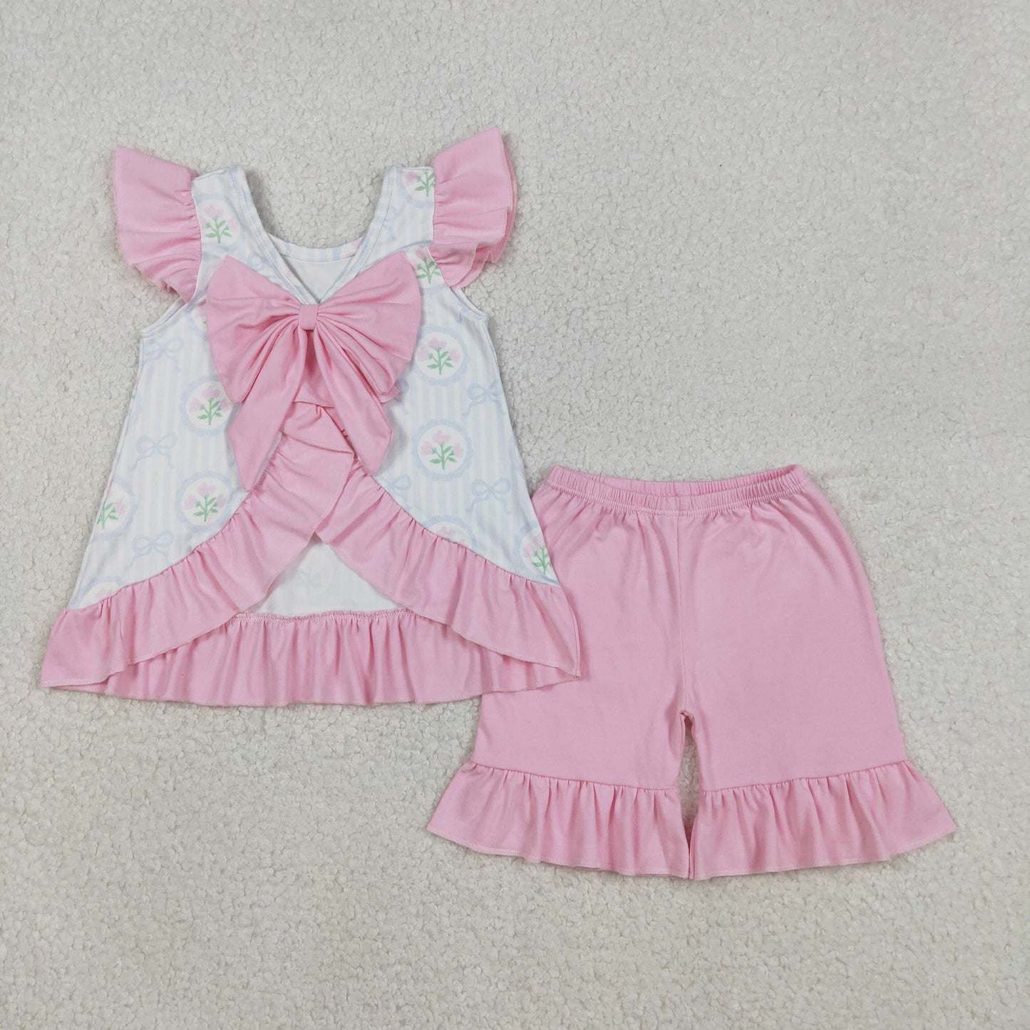 GSSO2732 pink flowers blue bows with bow flutter sleeve pink shorts girls set